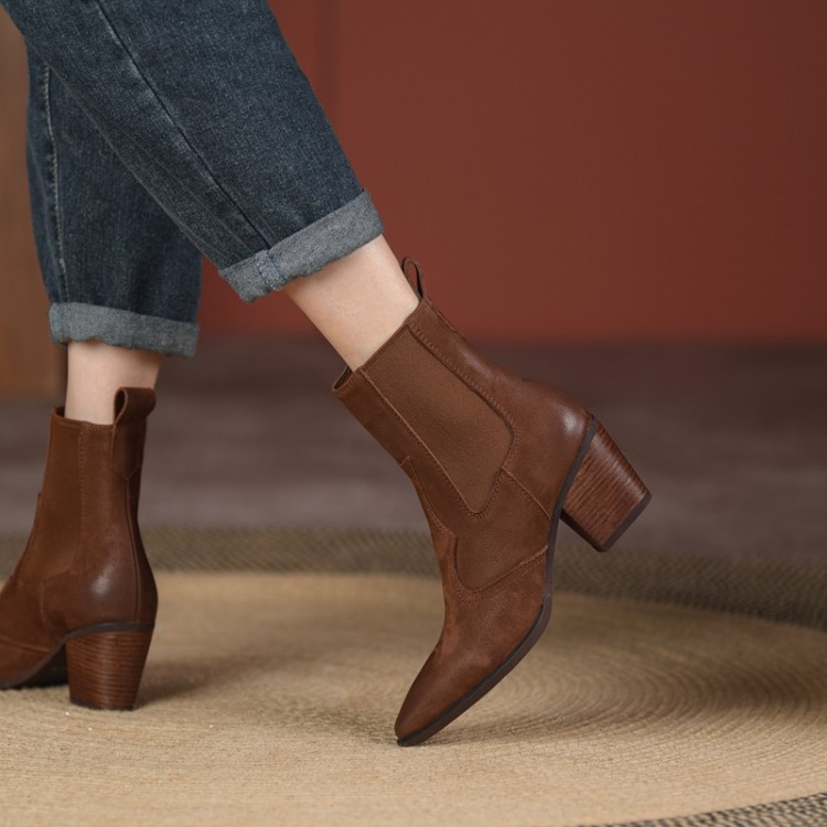 Womens Retro Pointed-toe Ankle Boots With Elastic Band And Chunky Heel