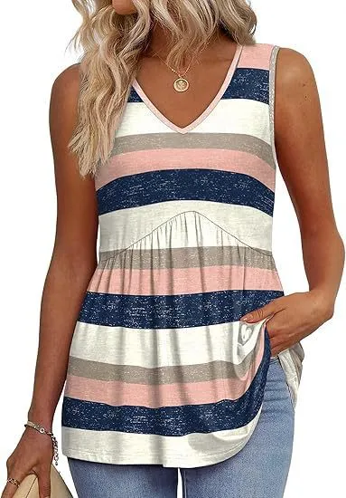 Women's Elegant Sleeveless V neck Elegant Ruffle Top Pink Stripes - Shop at LoveMi