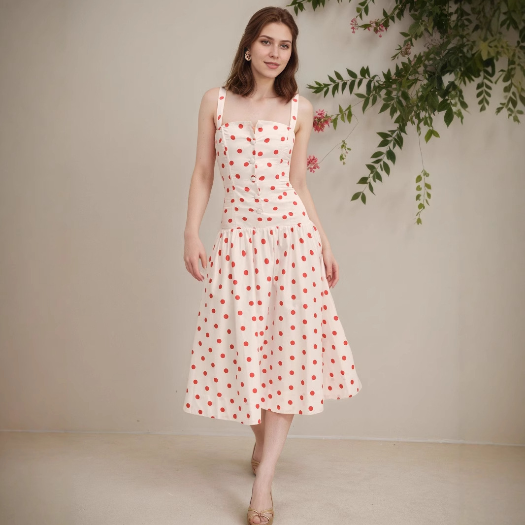 Elegant Figure-flattering Slip Dress With Polka Dots And A Cinched Waist