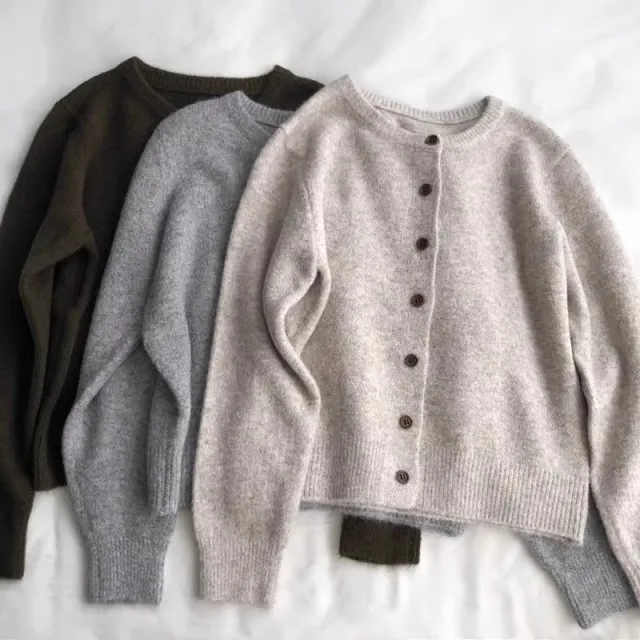 Retro Crew Neck Knitted Cardigan For Women Oatmeal - Shop at LoveMi