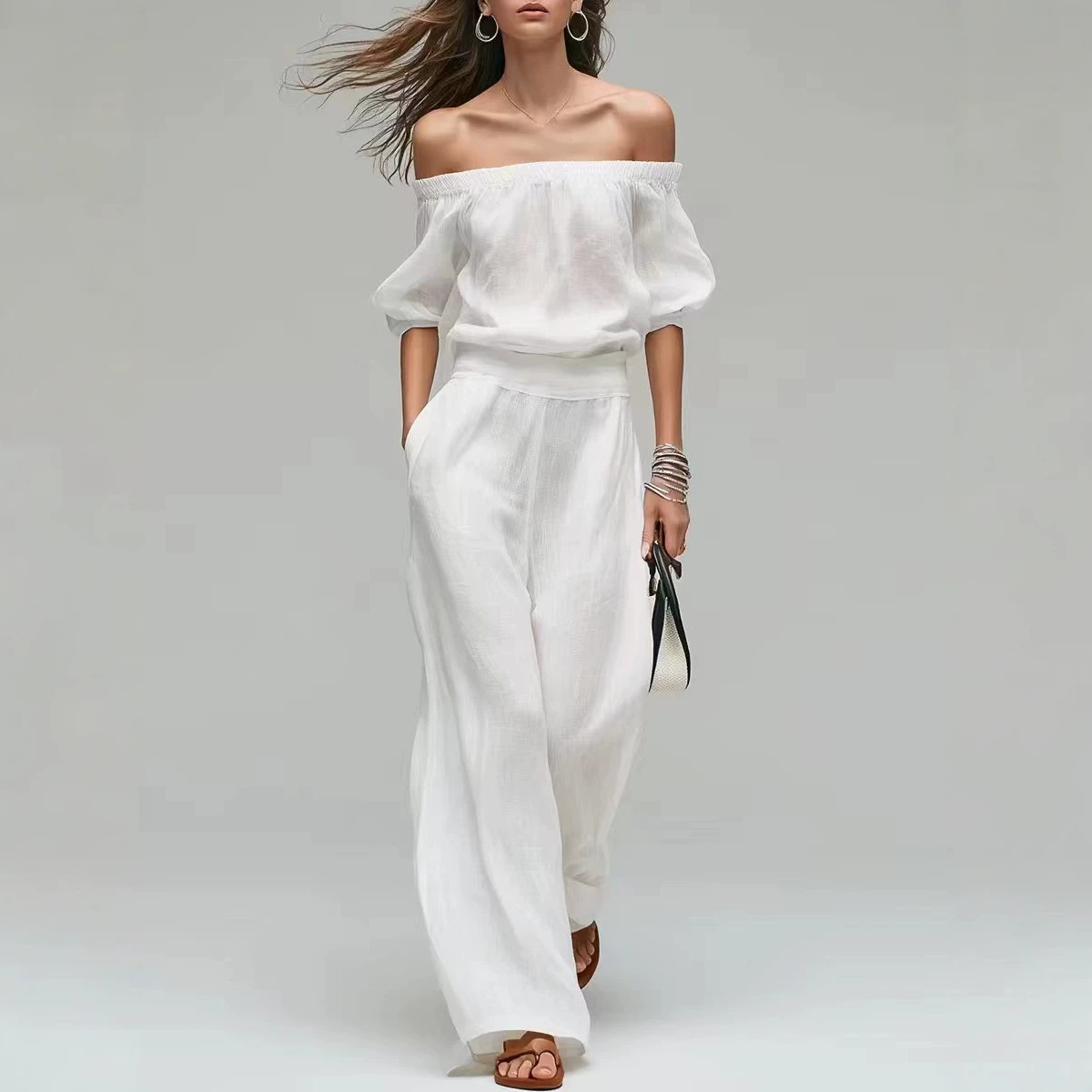 Cinched-top Blouse And Linen-textured Wide-leg Pants Set