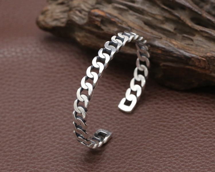 Women's S925 Sterling Silver Retro Opening Distressed Simple Bracelet