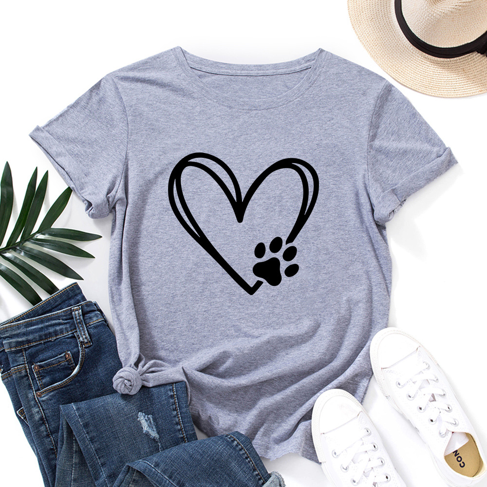 Women's Loose Round Neck Short Sleeve T shirt With Heart shaped Palm Print Light Gray - Shop at LoveMi