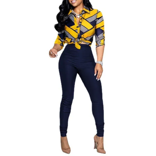 Cross Border Leisure Suit Color Matching Printed Long sleeved Lapel Shirt Casual Pants Two piece Set Dark Blue - Shop at LoveMi