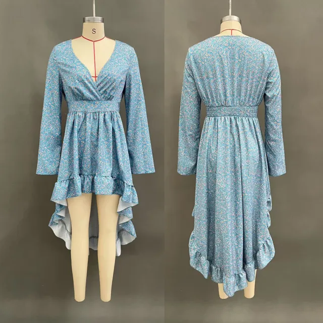 Fashionable Floral Long Sleeve Dress Blue - Shop at LoveMi