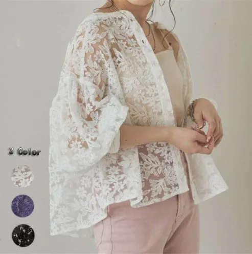 Lantern Sleeve Round Neck Lace Blouse White - Shop at LoveMi