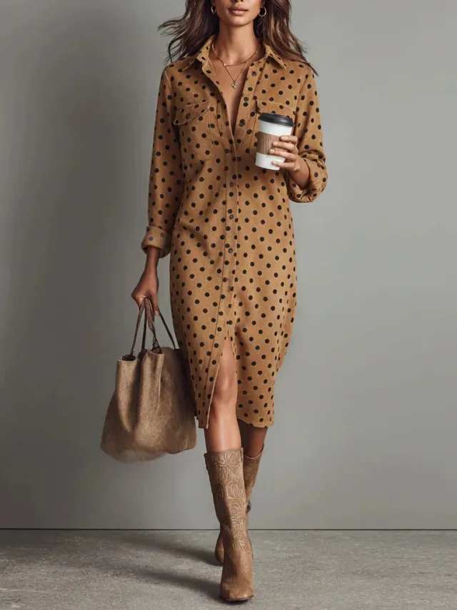 French Elegant Slimming V neckline Pleat And Waisted Below The Knee Long Sleeve Polka Dot Dress Brown - Shop at LoveMi