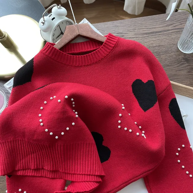 Women's Stylish Loose Round Neck Pearl Peach Heart Long Sleeve Sweater Red - Shop at LoveMi