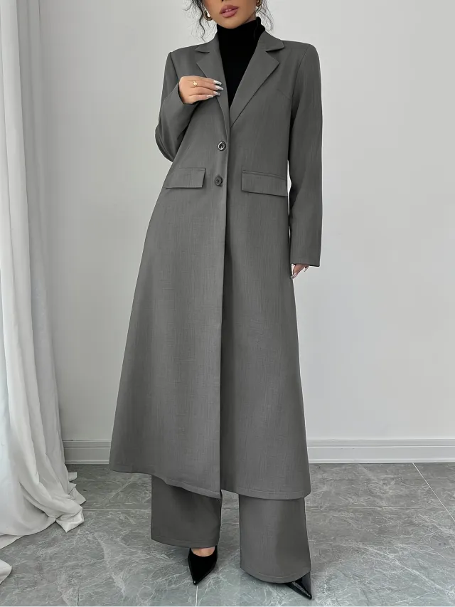 Long Jacket Without Lining Pants Elegant Graceful Two piece Suit Gray - Shop at LoveMi