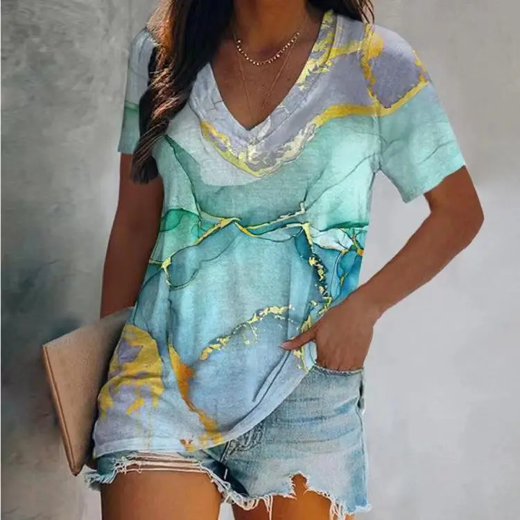 Women's T-shirt Summer Irregular Digital Printing Fashion Loose V-neck Color Short Sleeve Top