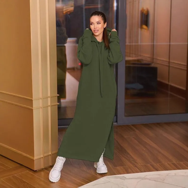Fleece-lined Sweatshirt Casual Dress Women - Green