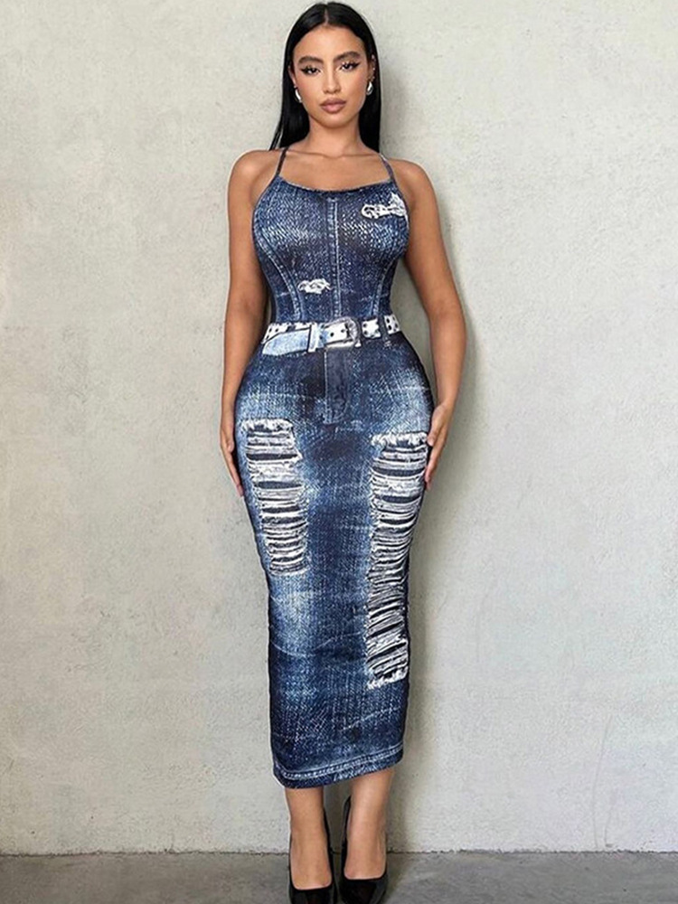 Sexy Backless Bodycon Long Dress Export Slim Denim Blue - Shop at LoveMi