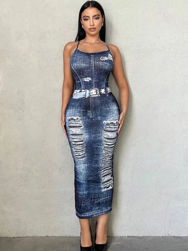 Sexy Backless Bodycon Long Dress Export Slim Denim Blue - Shop at LoveMi