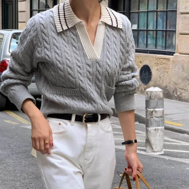 Women's Temperament Color Matching Lapel Twist Texture Long sleeved Sweater Gray - Shop at LoveMi