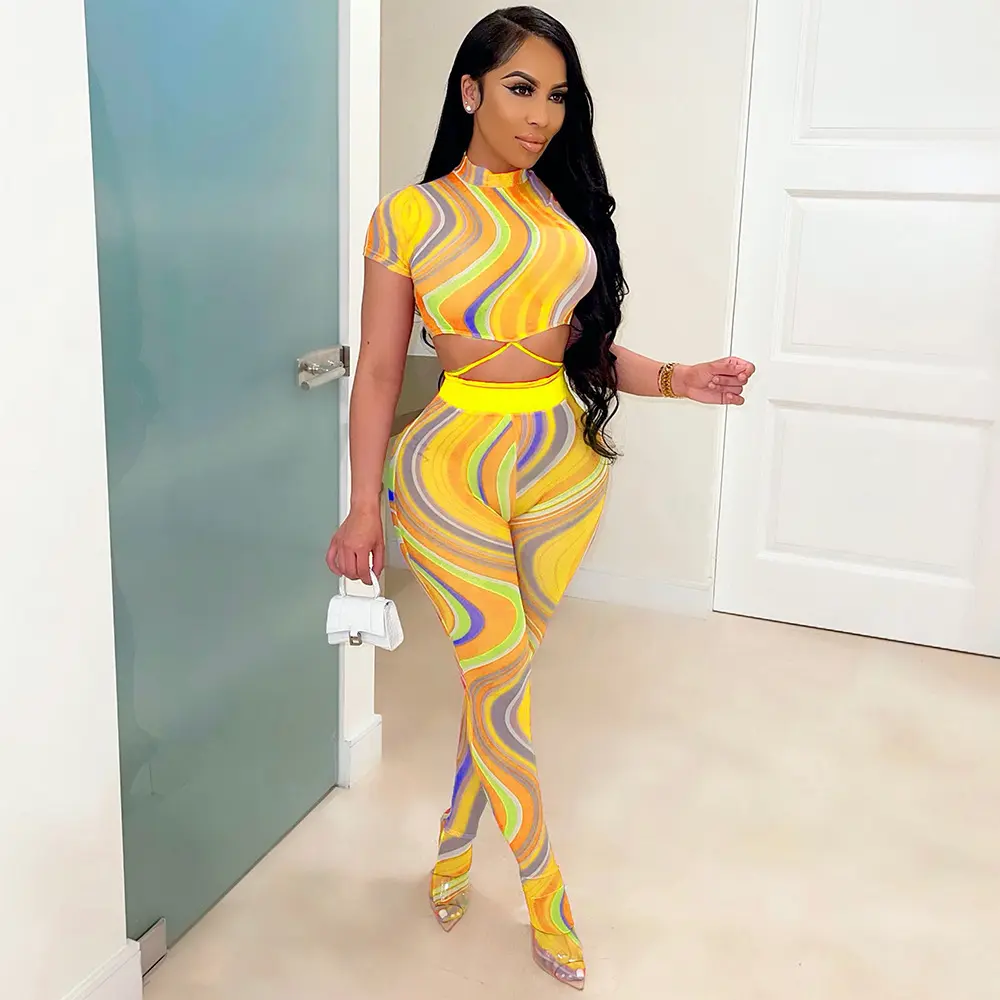 Printed Lace Up Body Stocking Casual Suit
