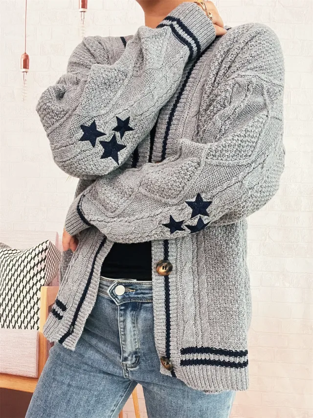 Street Arm Embroidery Knitted Coat V collar Contrast Color Sweater Gray - Shop at LoveMi