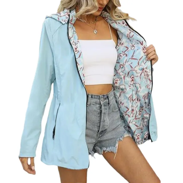 Printed Women's Zipper Windbreaker Japanese And Korean Fashion Double sided Wear Light Blue - Shop at LoveMi
