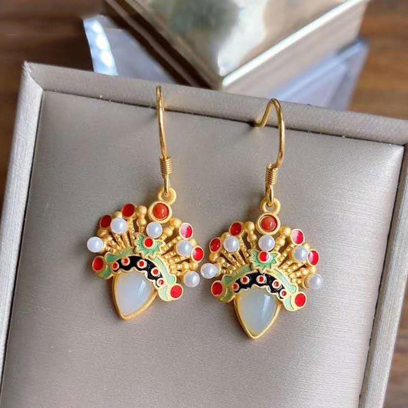 Inlaid White Jade Water Drop Classical-shaped Sword Horse Dan Peking Opera Facial Makeup Earrings