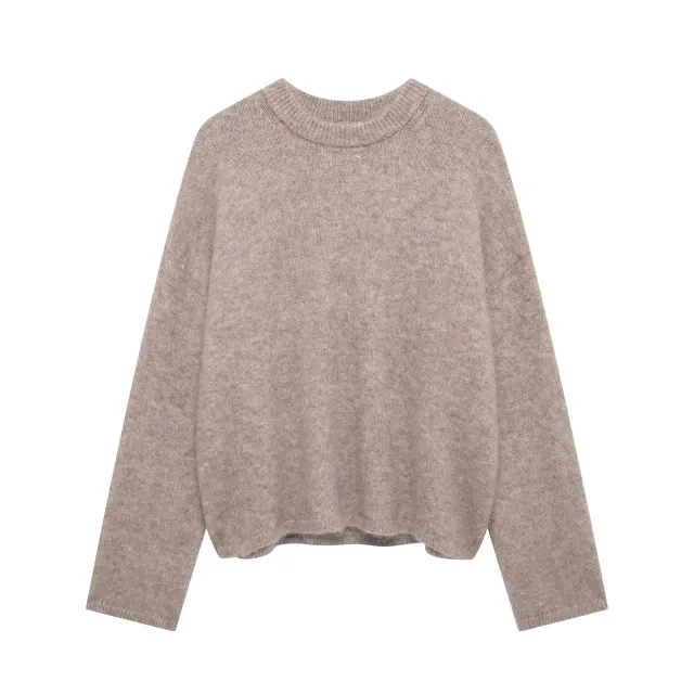 Women's Street Fashion Solid Color Round Neck Large Profile Sweater Khaki - Shop at LoveMi