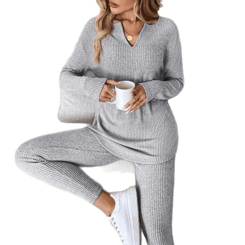 V-neck Design Simple And Stylish Casual Loungewear Set For Women - Image 4