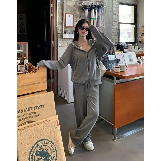 Hoodie Coat Wide leg Pants Suit Autumn Sports And Leisure Medium Gray Pants - Shop at LoveMi