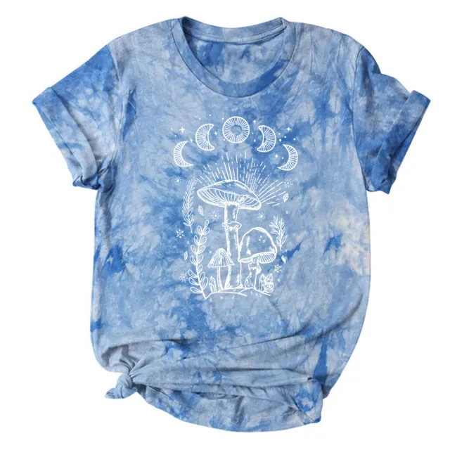 Tie dyed T shirt Female Star Sun Moon Mushroom Print Short Sleeve Milk Blue - Shop at LoveMi