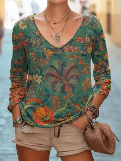 Casual V-neck Long Sleeve Regular Pullover Digital Printing Women's Top - 06Color - View 1