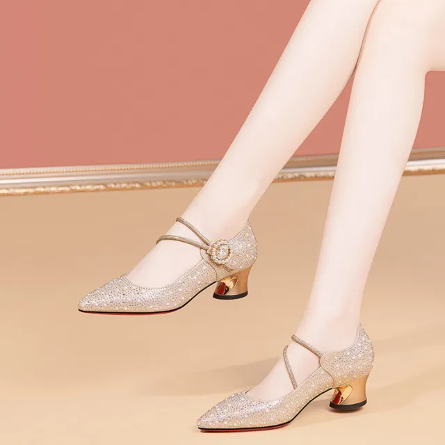 New Rhinestone embellished Chunky heel Pumps For Women Champagne 39 - Shop at LoveMi