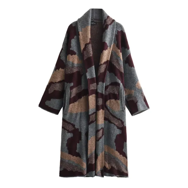 Fashion Jacquard Long Knitted Trench Coat Brown - Shop at LoveMi