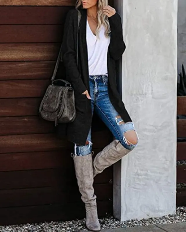 Women's Knitted Pocket Cardigan Long Sleeve Baggy Coat Black - Shop at LoveMi