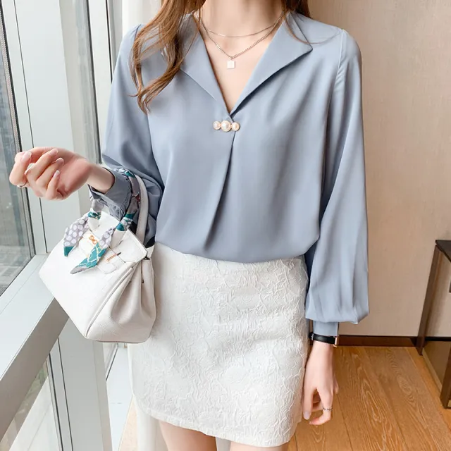 Fashion Business Chiffon Temperament Wild Loose Slimming V neck Long Sleeve Shirt Blue - Shop at LoveMi