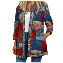 Women's Printed Long-sleeved Coat Cardigan - Red And Blue Geometric Squares - View 1