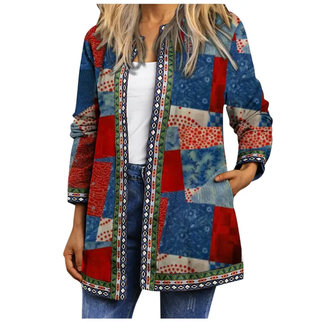 Women's Printed Long sleeved Coat Cardigan Red And Blue Geometric Squares - Shop at LoveMi