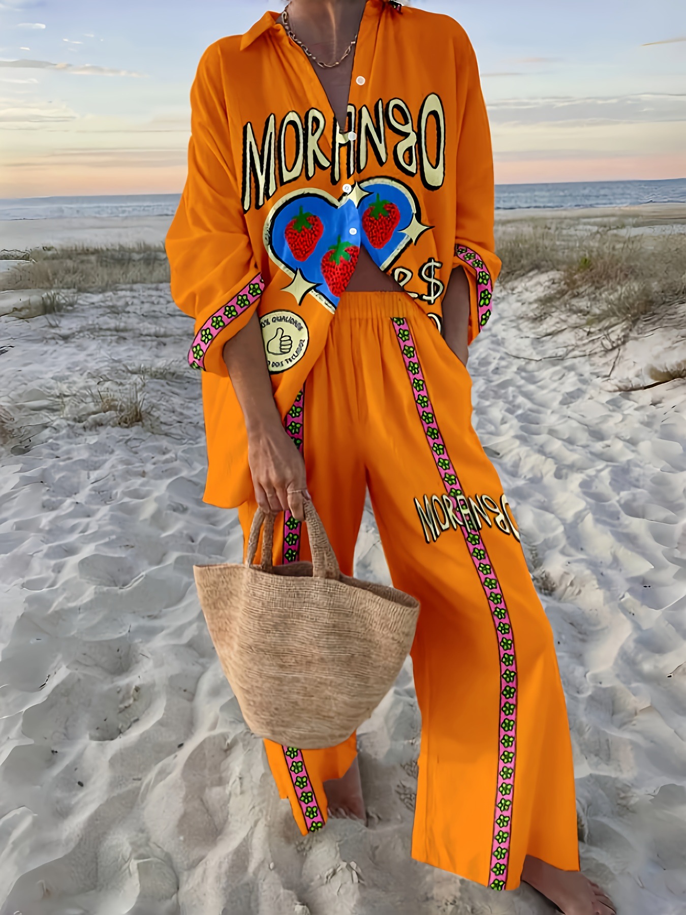 Seaside Tropical Printing Women's Suit Shirt Set Orange - Shop at LoveMi