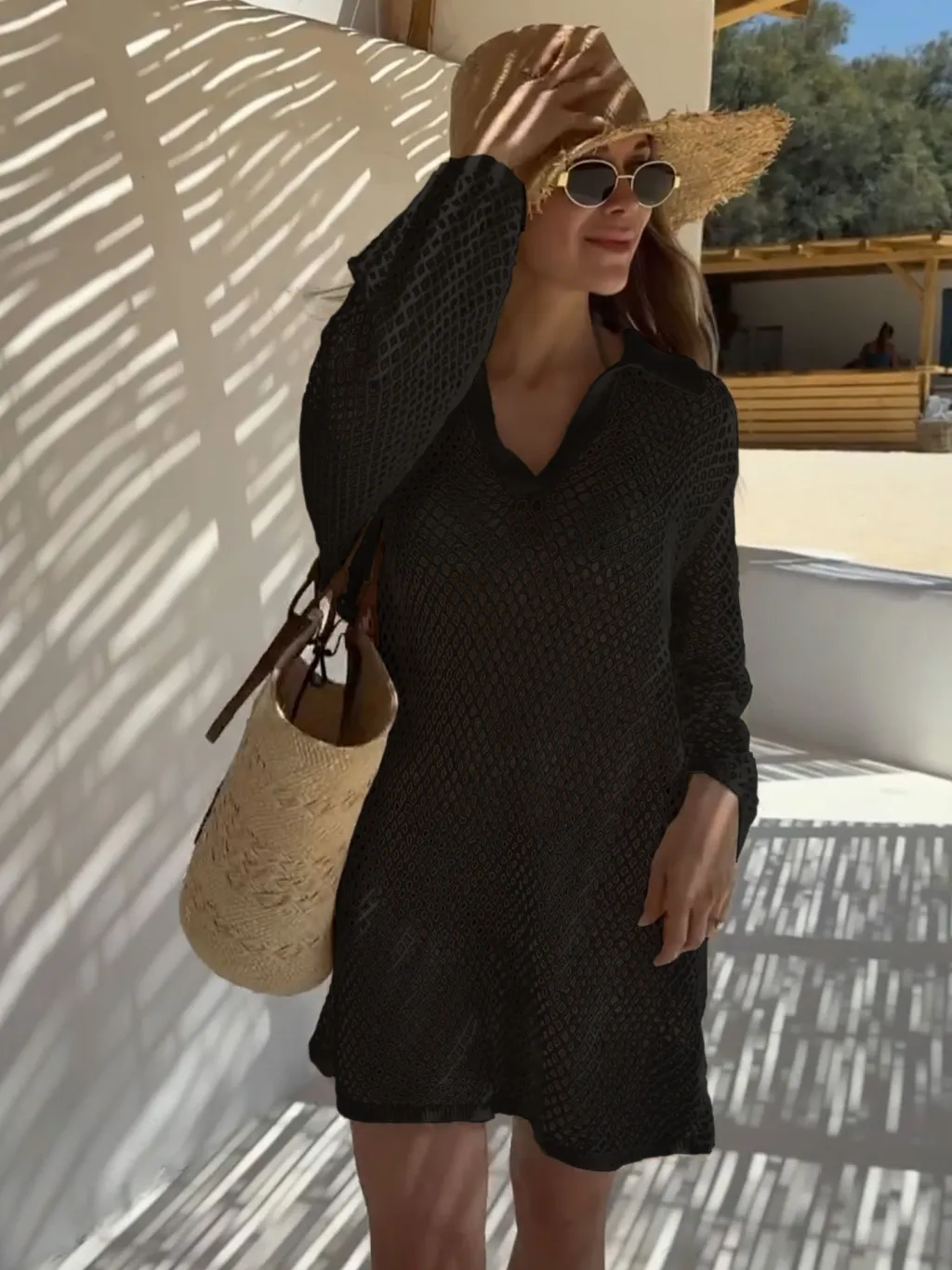 Polyester Knitted Mid-waist Long Sleeve Dress - Black