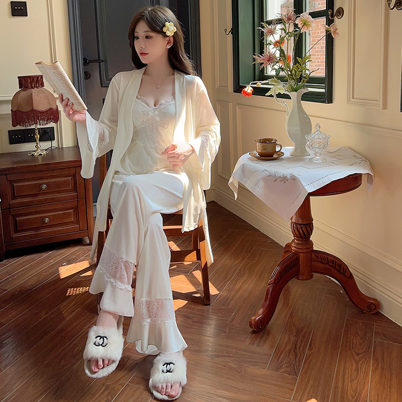 Gold Velvet Pajamas Women's Chest Pad Pure Desire Style Lace Suspenders Three piece Set White - Shop at LoveMi