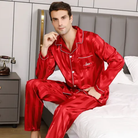Mens Solid-Color Striped Long-Sleeve and Long-Pant Loungewear Set