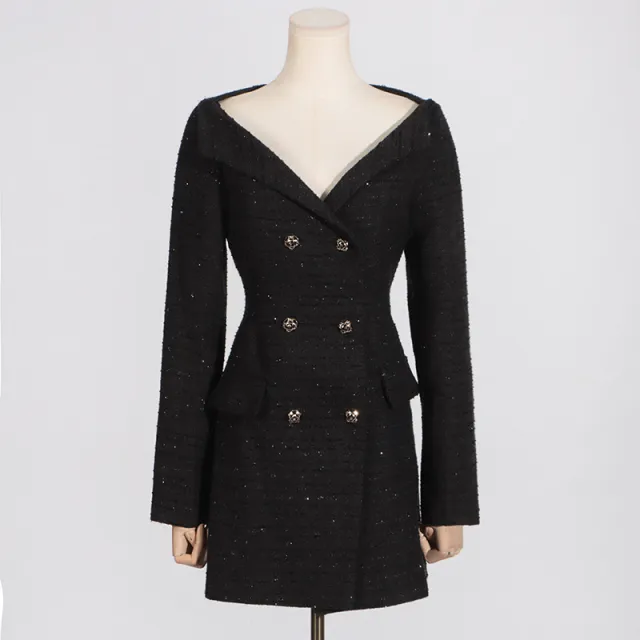 Off shoulder Long Sleeve Waist tight Design Pocket Stitching High grade Sense Dress Black - Shop at LoveMi