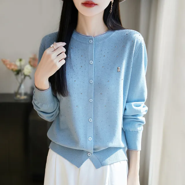 Wool Bear Rhinestone Cardigan Round Neck Long Sleeve Top Sky Blue - Shop at LoveMi