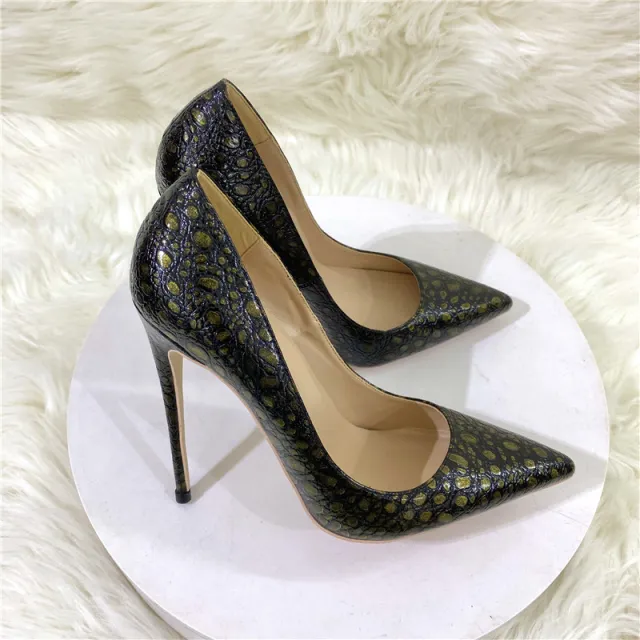 Vintage Snakeskin Pattern High Heels Pointed Toe Black - Shop at LoveMi