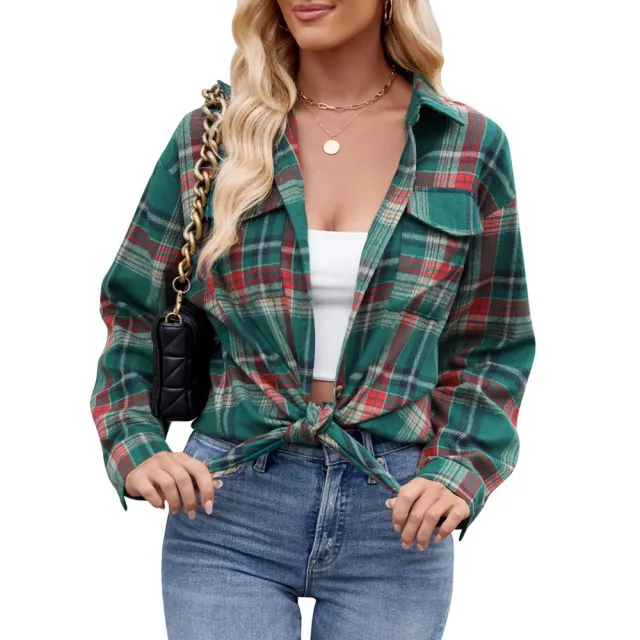 Casual Fashion Loose Plaid Pocket Shirt For Women Green - Shop at LoveMi