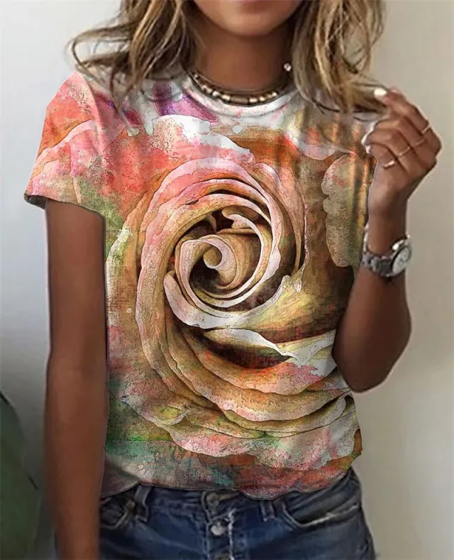 Flower Print Short Sleeve Casual Round Neck T shirt For Women Yellow - Shop at LoveMi