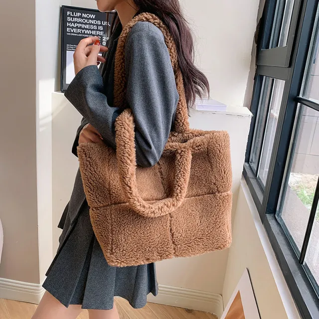 Plaid Particle Lamb Wool Shoulder Bag Korean Style Brown - Shop at LoveMi