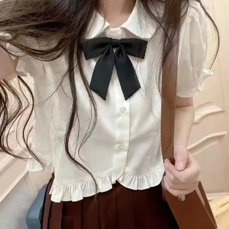 Women's Summer College Style Puff Sleeve White Short Sleeve Shirt - Milk Ribbon Safety Pin Bow