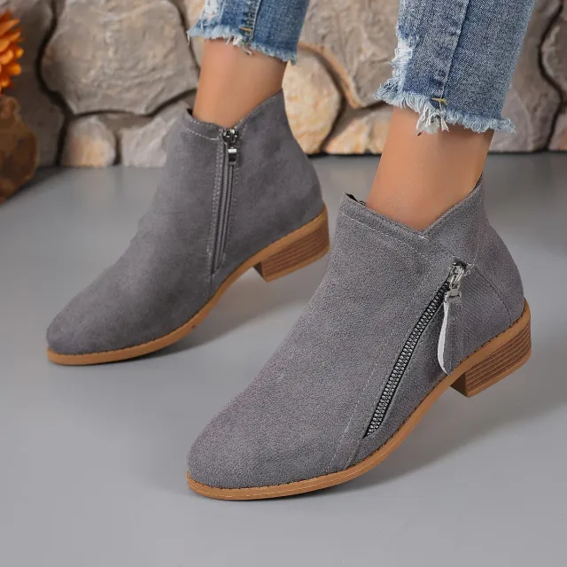 Women's Side Zipper Thick Heel Solid Color Martin Boots Gray - Shop at LoveMi