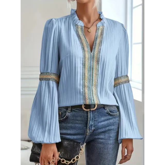 Womens Solid Color Crochet Trimmed Patchwork Loose Lantern Sleeve Shirt Blue - Shop at LoveMi