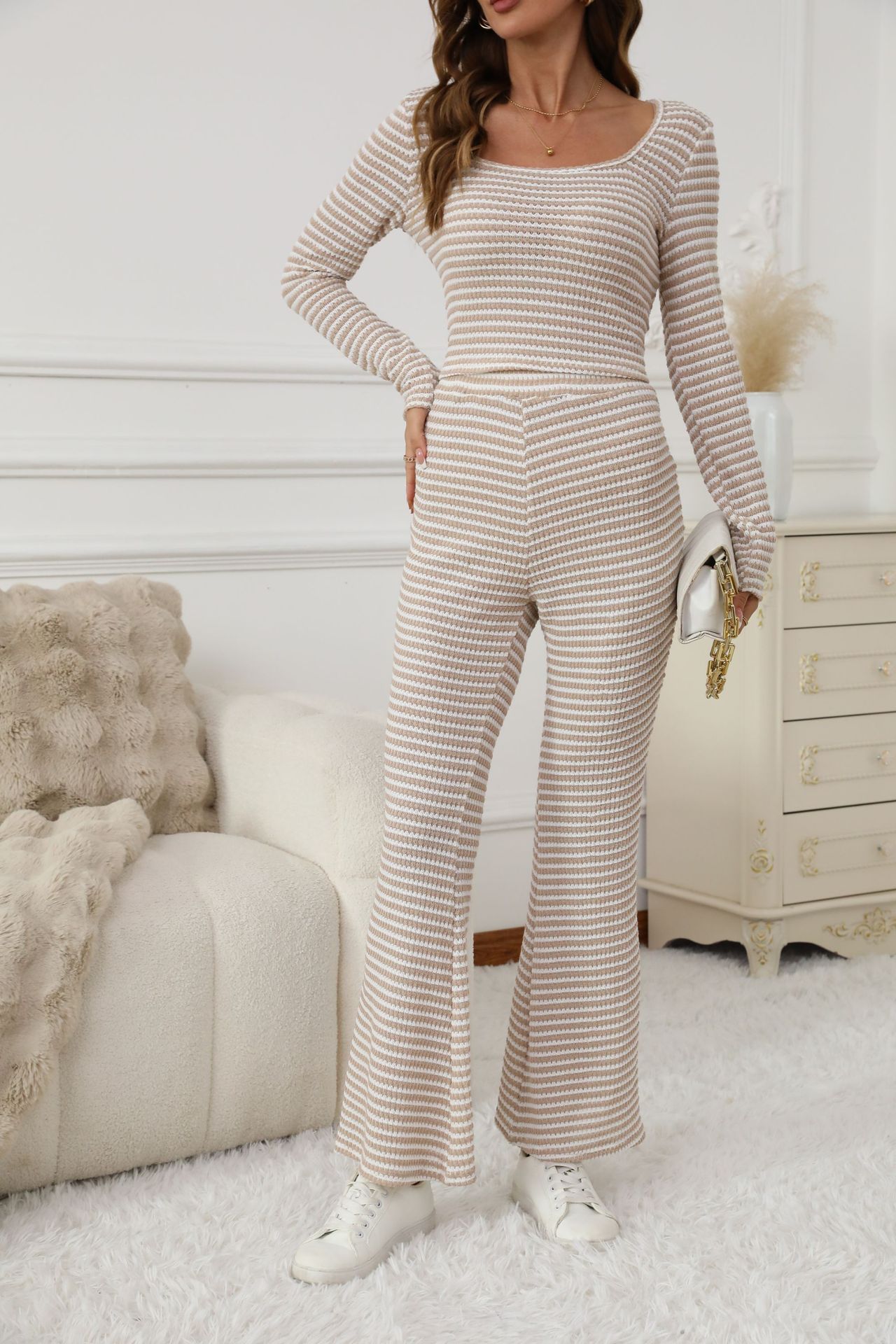 Simple Relaxed-fit Striped Wide-leg Pants Set