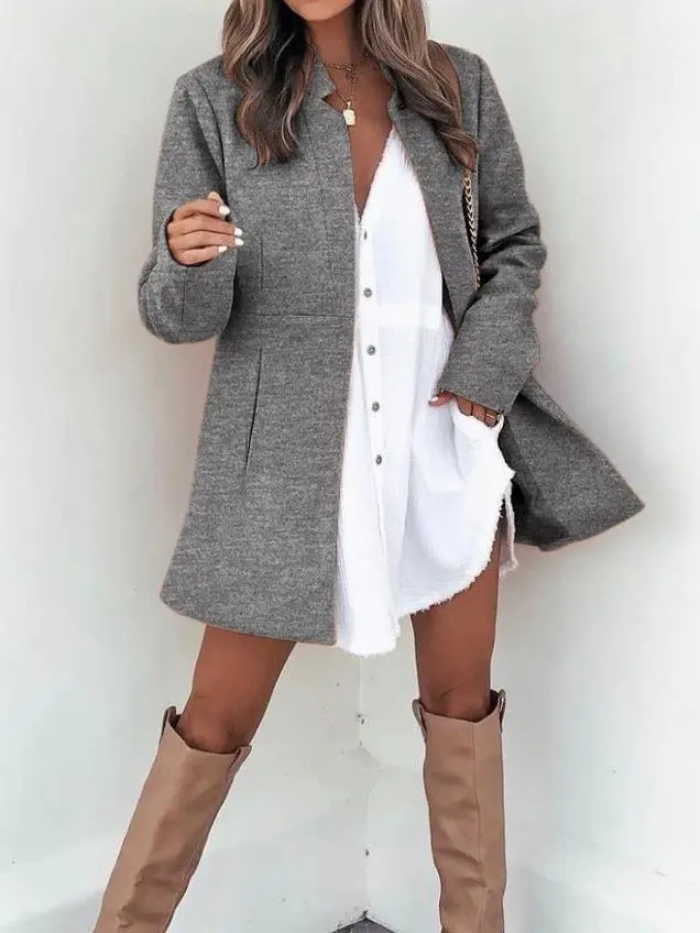 Solid Color Slimming Long Sleeve Pocket Woolen Women's Coat Gray - Shop at LoveMi