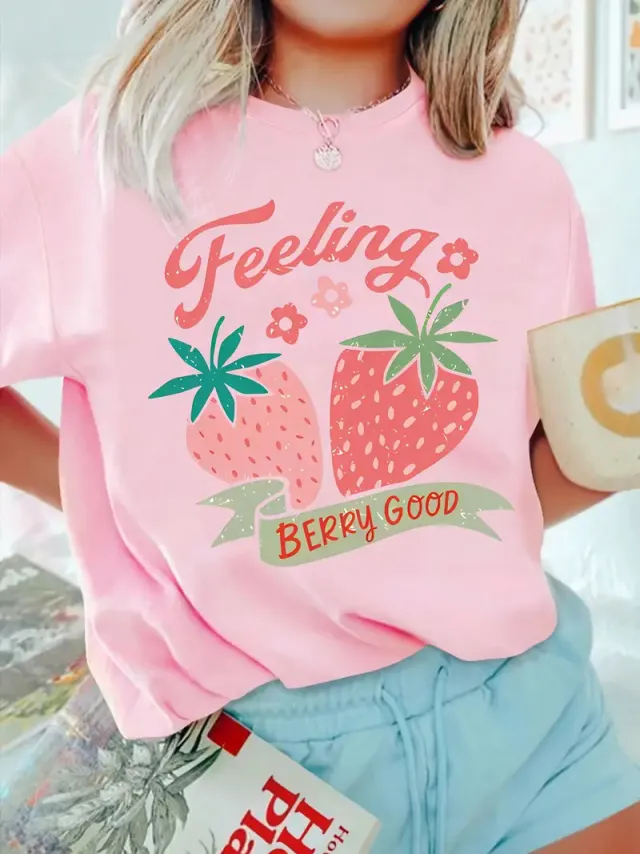 Women's Short sleeved European And American Fruit Strawberry Round Neck Top Qts1216 - Shop at LoveMi