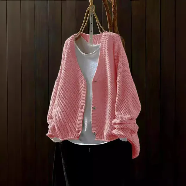 Cross border Early Autumn New Casual Versatile Solid Color V neck Long sleeved Single breasted Knitted Cardigan Sweater Peach - Shop at LoveMi